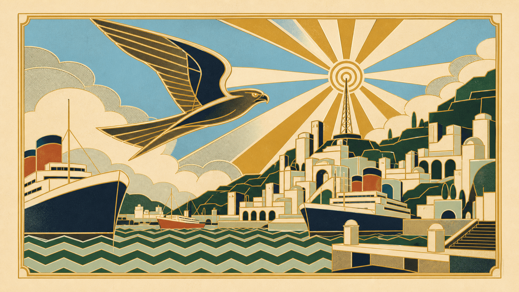 Gold-line falcon broadcasting a banded signal over Port Aurelia harbour