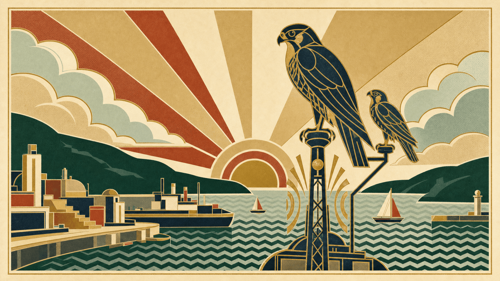 Falcon perched on a wireless mast at dawn with a smaller bird nearby