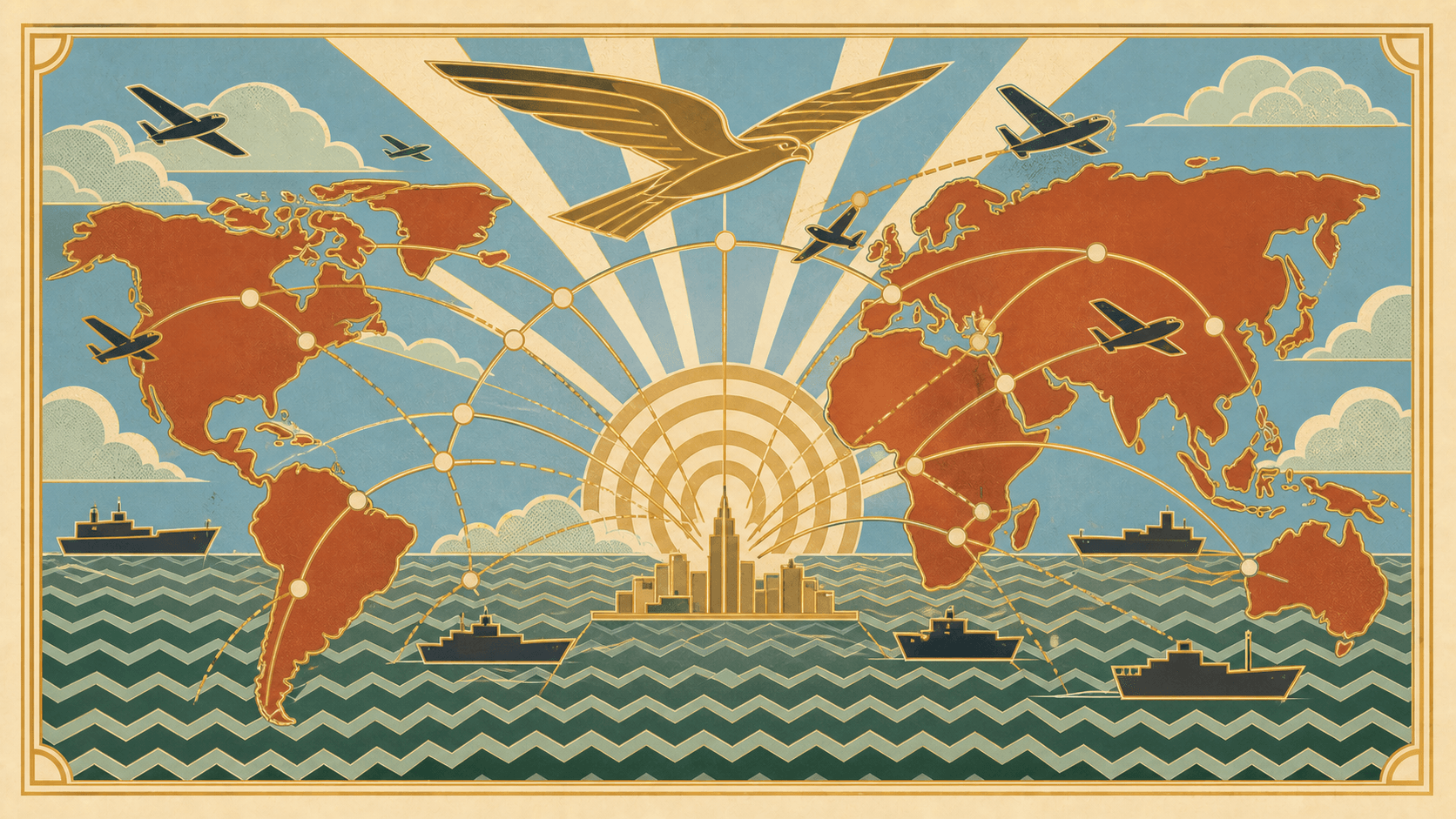 Shipping lines and flight paths converging on Port Aurelia